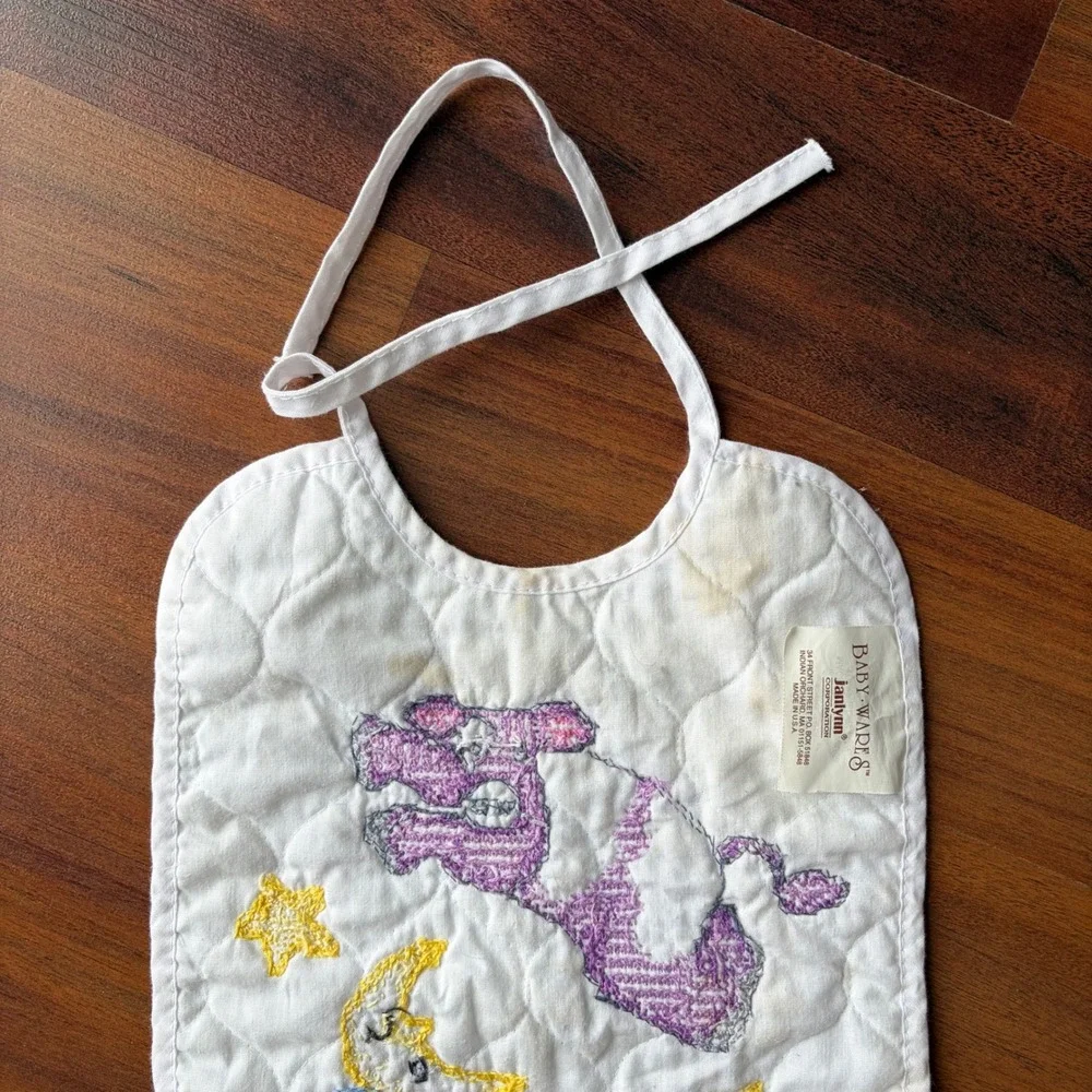 Baby Ware Janlynn Quilted Bib Purple Cow Moon‎ Stars Cross Stitch Tie